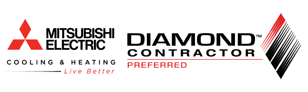 Mitsubishi Electric Cooling & Heating logo alongside Diamond Contractor Preferred badge, highlighting Mid-Coast Energy Systems as a certified Mitsubishi heat pump installer for cold-climate heating solutions in Maine
